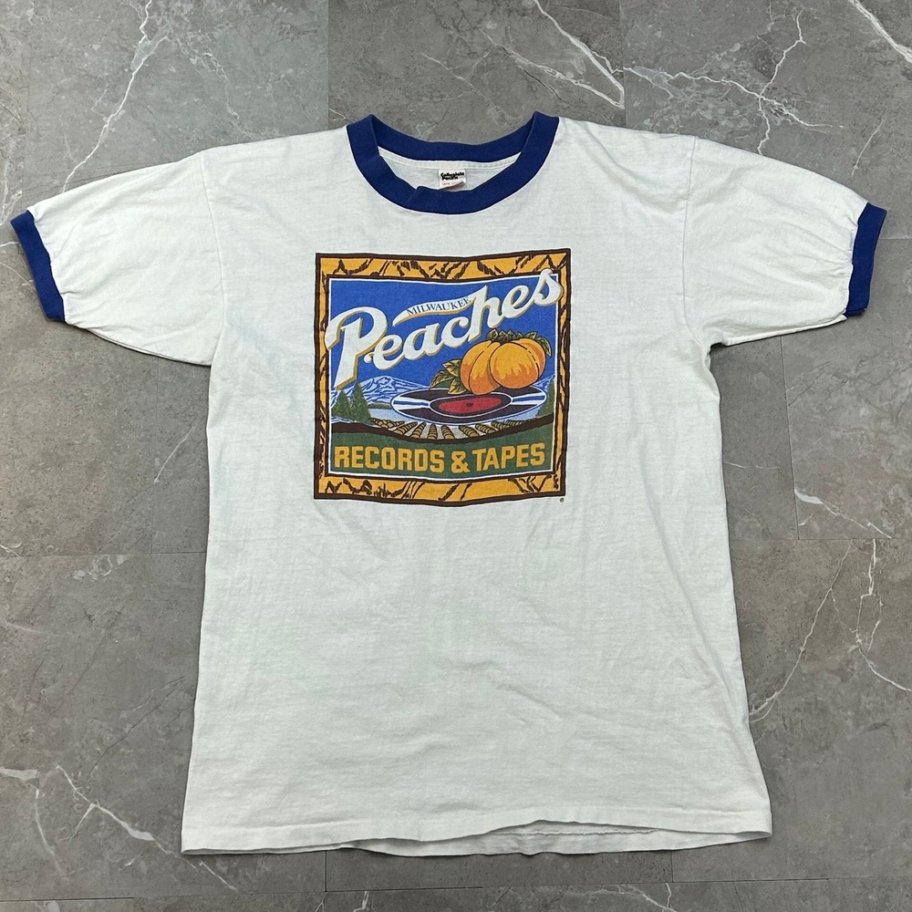 Vintage Peaches Records & Tapes Graphic Ringer Tee Mens Large Short Sleeve Shirt